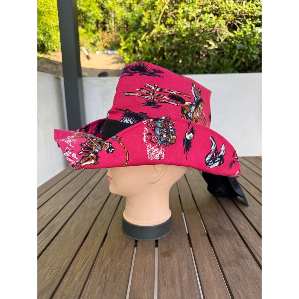 Western Stagecoach Print Cowboy Hat with Black Scarf Detail and Snaps‎ Hot Pink